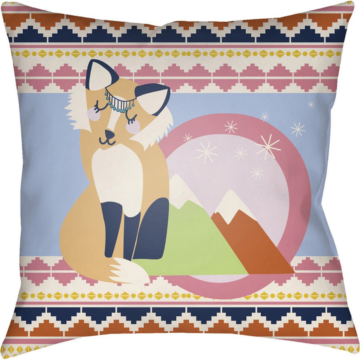 002 S-226514 | Primary Silo | Littles Indoor/Outdoor Pillow by Livabliss in burnt orange, lime, black, white, bright yellow, pale pink, sky blue. Made from front: 100% polyester, back: 100% polyester in a modern style.