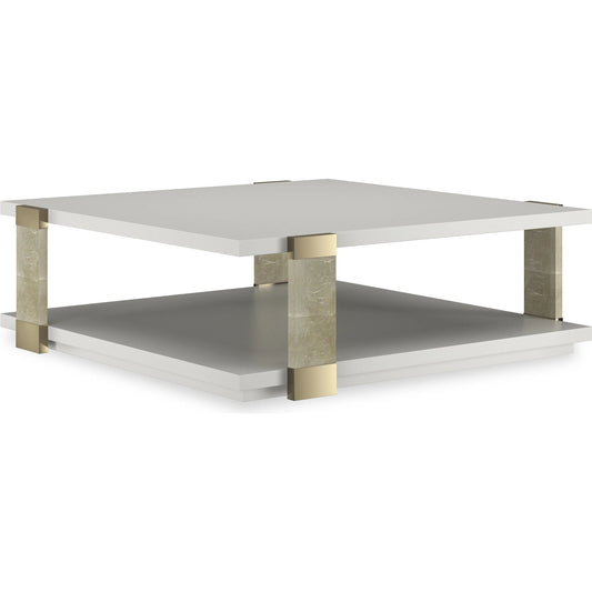 I'll Take the Corner Cocktail Table by Caracole in almond milk, oracle, whisper of gold. Made from asian hardwood, metal in a unique style.