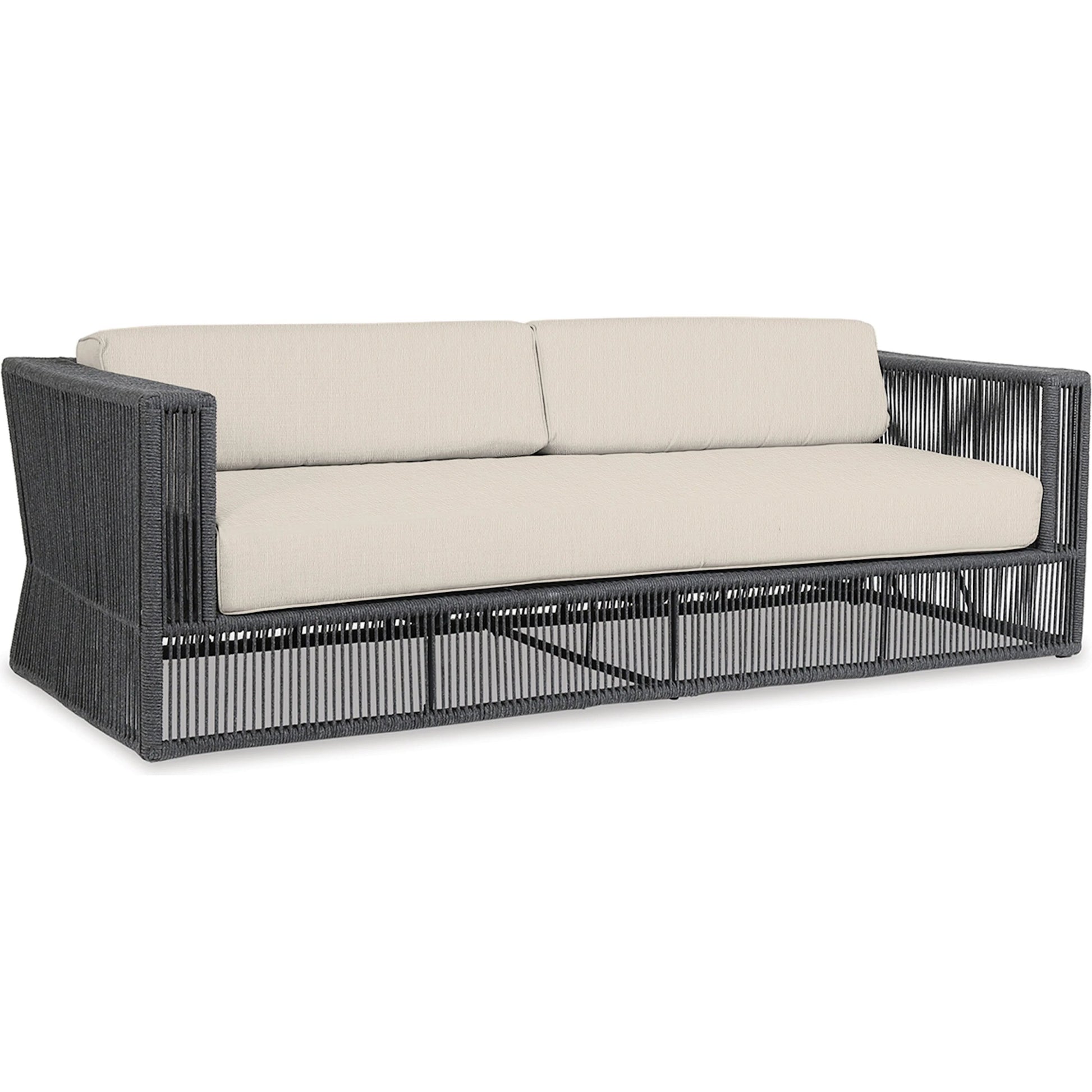 Milano Outdoor Sofa by Sunset West in slate. Made from olefin rope in a coastal style.