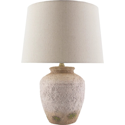 Lianos Accent Table Lamp 556587 by Surya in body: terracotta; shade (outside): wheat; shade (inside): white; finial: metallic - nickel; harp: metallic - nickel; cord: translucent and paintedplated. Made from ceramic, linen, 