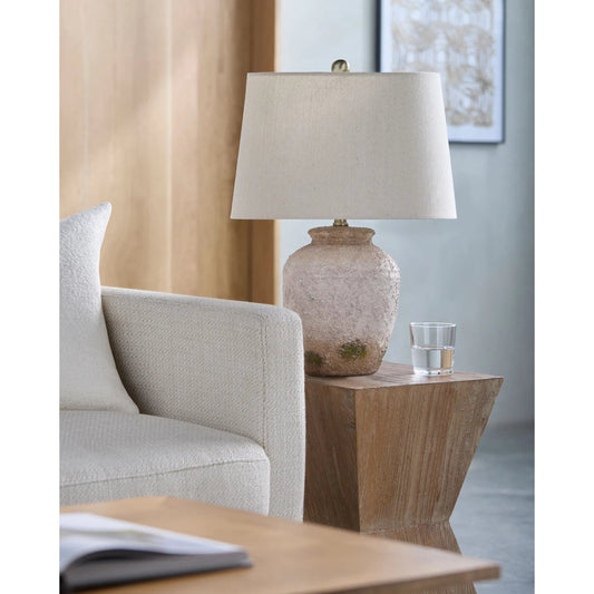 Lianos Accent Table Lamp 556587 by Surya in body: terracotta; shade (outside): wheat; shade (inside): white; finial: metallic - nickel; harp: metallic - nickel; cord: translucent and paintedplated. Made from ceramic, linen, pla