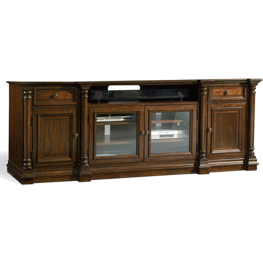 Leesburg Entertainment Console by Hooker Furniture in mahogany. Made from mahogany veneers in a unique style.