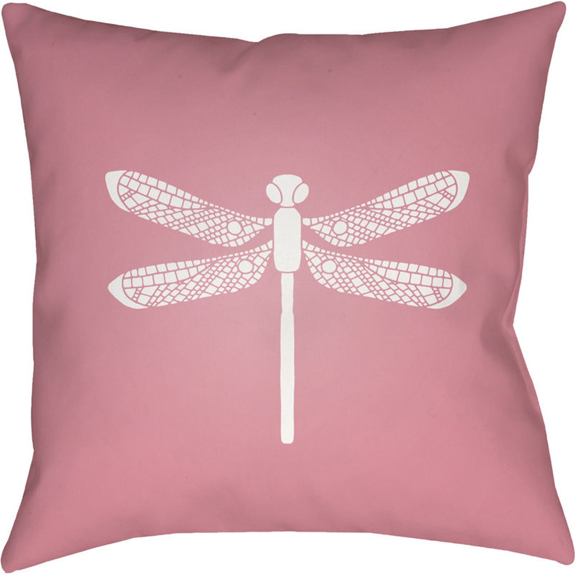 Dragonfly Indoor/Outdoor Pillow by Livabliss in rose. Made from front: 100% polyester, back: 100% polyester in a coastal style.