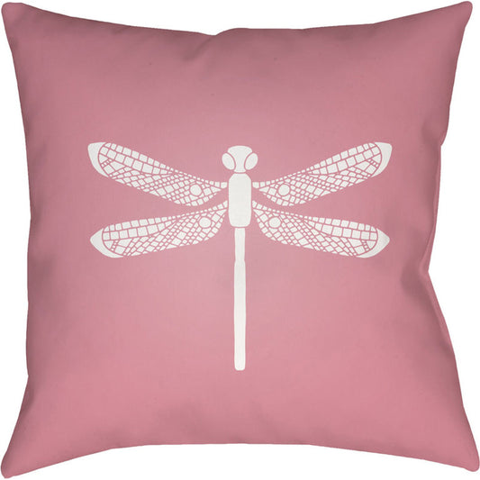 Dragonfly Indoor/Outdoor Pillow by Livabliss in rose. Made from front: 100% polyester, back: 100% polyester in a coastal style.