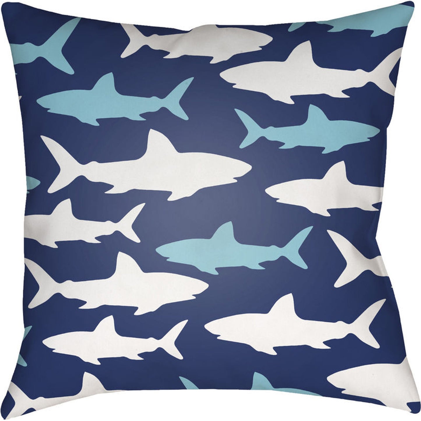000 S-228738 | Primary Silo | Sharks Indoor/Outdoor Pillow by Livabliss in navy, light blue. Made from front: 100% polyester, back: 100% polyester in a coastal style.