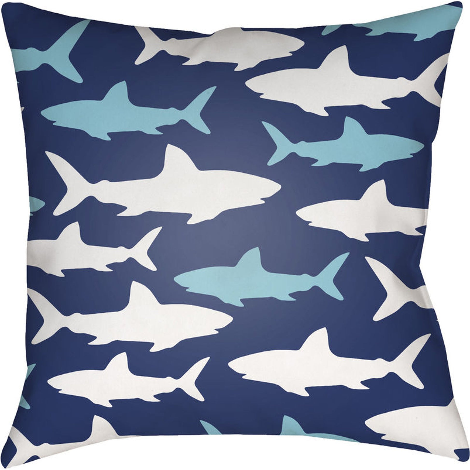 Sharks Indoor/Outdoor Pillow by Livabliss in navy, light blue. Made from front: 100% polyester, back: 100% polyester in a coastal style.