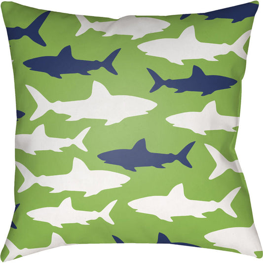 Sharks Pillow - 17590 by Livabliss. Made from front: 100% polyester, back: 100% polyester in a coastal style.