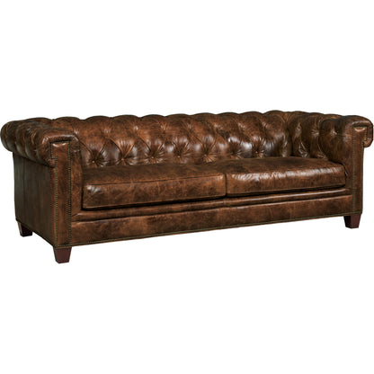 Chester Stationary Sofa by Hooker Furniture in brown. Made from leather in a rustic style.