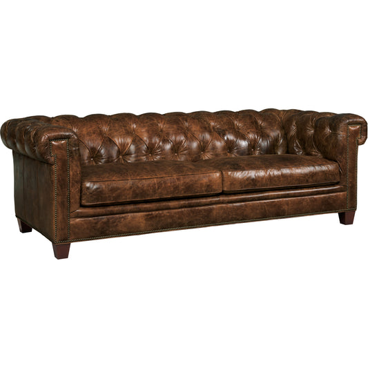 Chester Stationary Sofa by Hooker Furniture in brown. Made from leather in a rustic style.