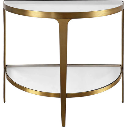 Lisa Two Tier Glass Top Demilune Console by Worlds Away in antique brass. Made from unique in a unique style.