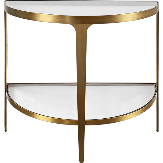 Lisa Two Tier Glass Top Demilune Console by Worlds Away in antique brass. Made from unique in a unique style.