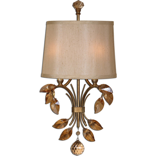 Alenya Wall Sconce by Uttermost in gold. Made from iron: 67% crystal 15% silk cloth18% in a cottage & farmhouse style.