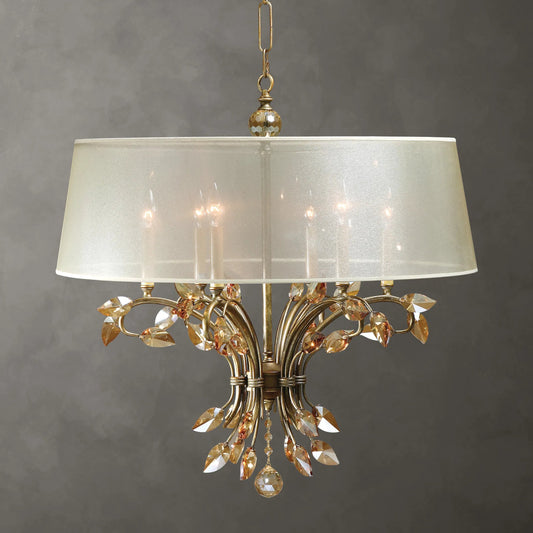 Alenya Chandelier by Uttermost in gold. Made from metal, crystal, fabric in a cottage & farmhouse style.