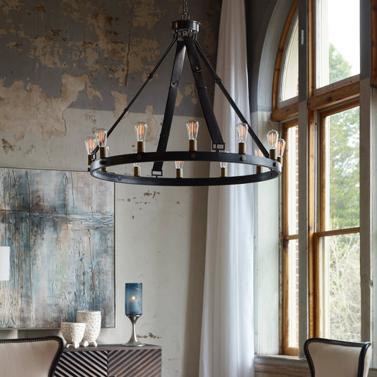 Marlow Chandelier by Uttermost in bronze. Made from steel 87.5%, leather 12.5% in a cottage & farmhouse style.