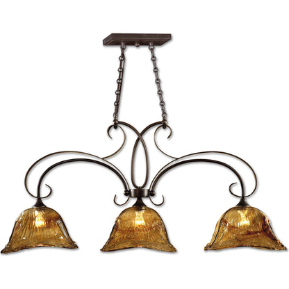 Vetraio Kitchen Island Light by Uttermost in bronze. Made from brass, metal, glass in a rustic style.