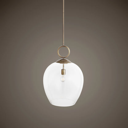 Calix Pendant by Uttermost in aged brass. Made from steel, glass in a transitional style.