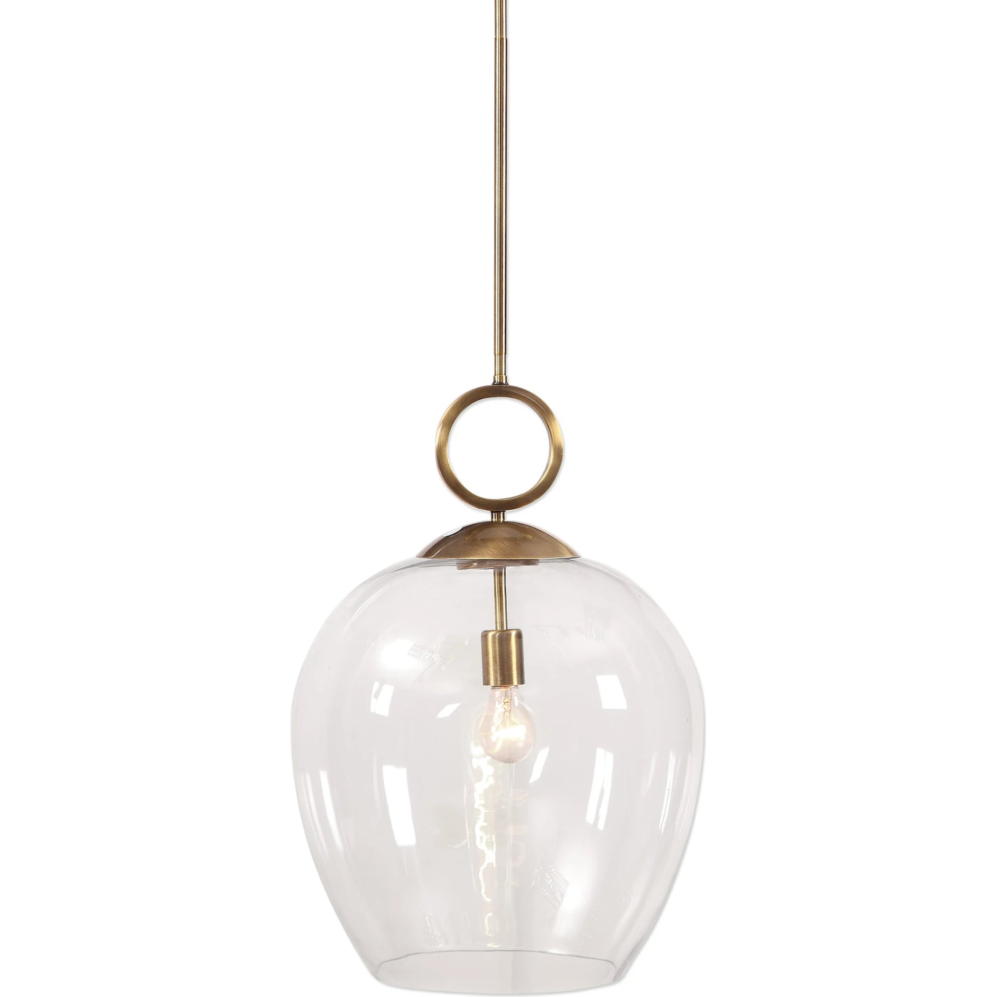 Calix Pendant by Uttermost in aged brass. Made from steel, glass in a transitional style.