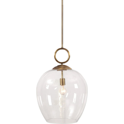 Calix Pendant by Uttermost in aged brass. Made from steel, glass in a transitional style.