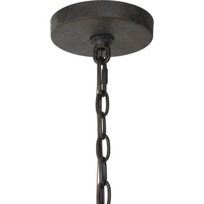 Atwood Wagon Wheel Pendant by Uttermost. Made from steel, rubber wood, glass in a rustic style.