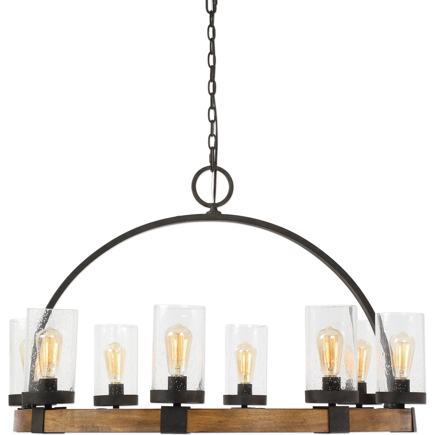 007 S-328924 | Lifestyle | Atwood Wagon Wheel Pendant by Uttermost. Made from steel, rubber wood, glass in a rustic style.
