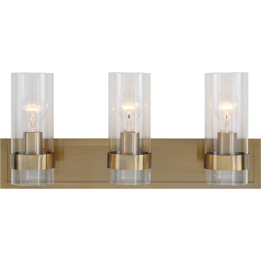 Cardiff Antique 3 Light Vanity by Uttermost in brass. Made from glass, steel in a modern style.
