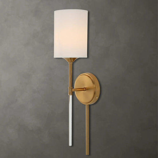 Awyr 1 Light Sconce by Uttermost in brass. Made from steel, fabric，acrylic in a traditional style.