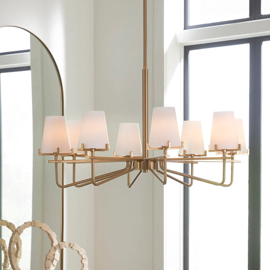 Lassen 8 Light Chandelier by Uttermost in brass. Made from steel, glass in a unique style.