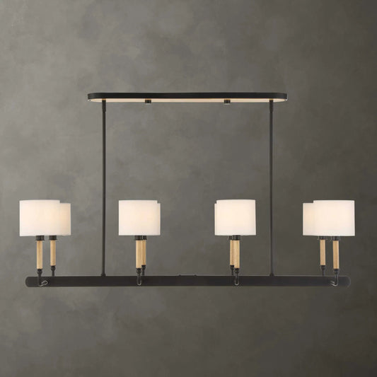 Franconia 8 Light Pendant by Uttermost in black, white, woodtone. Made from iron, rubber wood, white linen fabric in a unique style.