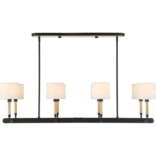 Franconia 8 Light Pendant by Uttermost in black, white, woodtone. Made from iron, rubber wood, white linen fabric in a unique style.