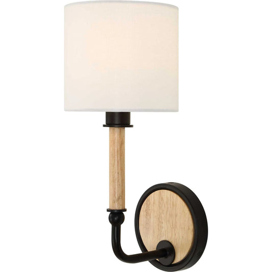 Franconia 1 Light Sconce by Uttermost in black, woodtone. Made from iron, rubber wood, white linen fabric in a unique style.