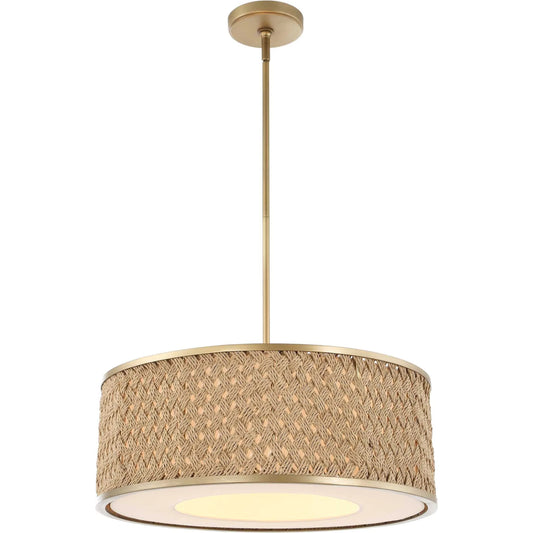 Pinchot 4 Light Rattan Drum Pendant by Uttermost in gold. Made from iron, rattan, fabric in a rustic style.