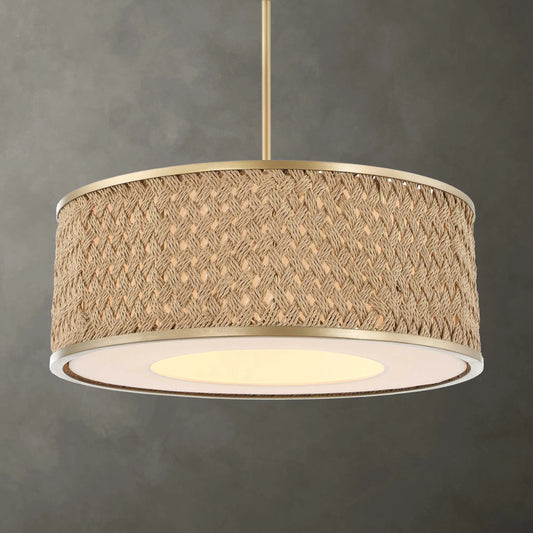 Pinchot 4 Light Rattan Drum Pendant by Uttermost in gold. Made from iron, rattan, fabric in a unique style.