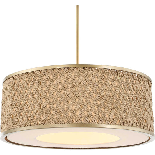 Pinchot 4 Light Rattan Drum Pendant by Uttermost in gold. Made from iron, rattan, fabric in a unique style.