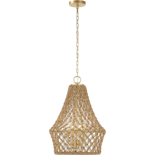 Macrame 4 Light Rope Pendant by Uttermost in natural and gold. Made from rattan, iron in a rustic style.