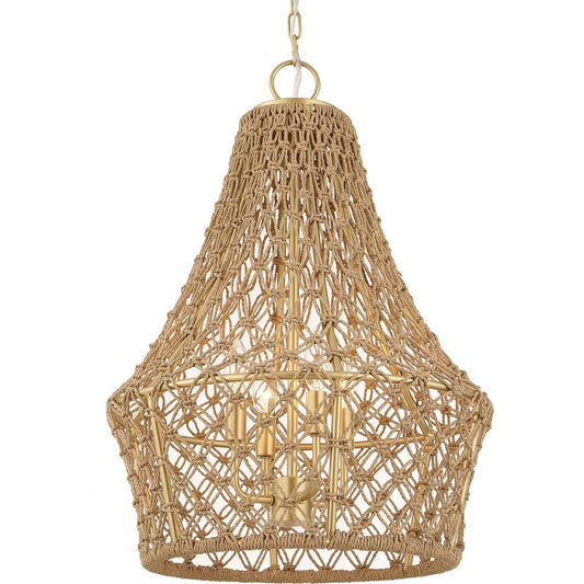Macrame 4 Light Rope Pendant by Uttermost in natural and gold. Made from rattan, iron in a unique style.