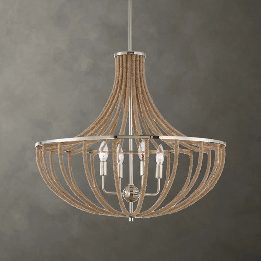 Lovelock 4 Light Rope Empire Chandelier by Uttermost in nickel. Made from rope, iron in a unique style.