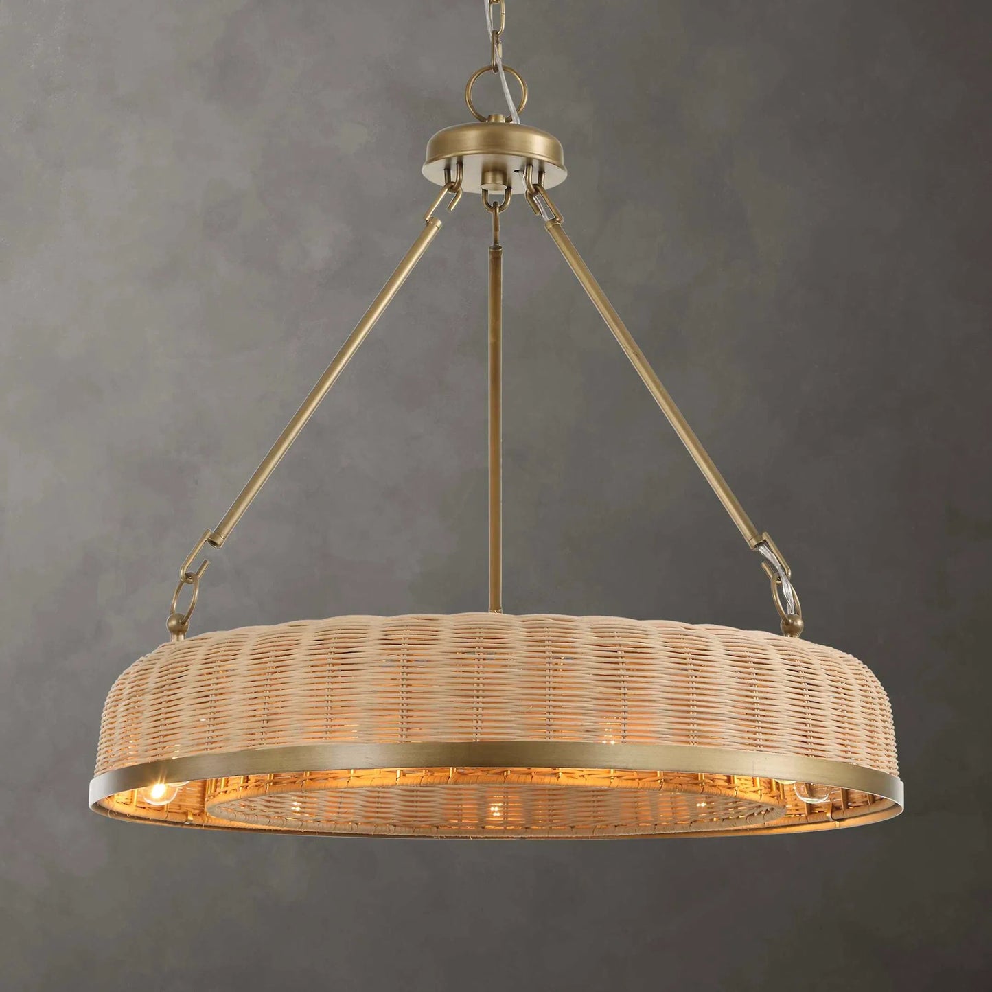 003 SI-2453086 | Lifestyle | Ladakh 9 Light Round Wicker Pendant by Uttermost in brass. Made from woven cane, iron in a rustic style.