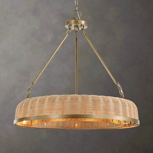 Ladakh 9 Light Round Wicker Pendant by Uttermost in brass. Made from woven cane, iron in a unique style.