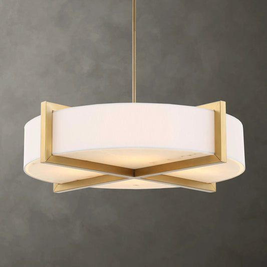 Cresson 4 Light Drum Pendant by Uttermost in brass. Made from iron, white linen, faux alabaster in a unique style.