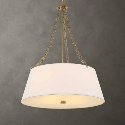 Andalucia 4 Light Drum Pendant by Uttermost in gold. Made from iron, white linen, glass in a transitional style.