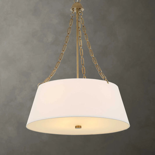 Andalucia 4 Light Drum Pendant by Uttermost in gold. Made from iron, white linen, glass in a unique style.