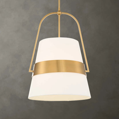 Harness 1 Light Shade Pendant by Uttermost in brass, white. Made from iron, fabric in a transitional style.