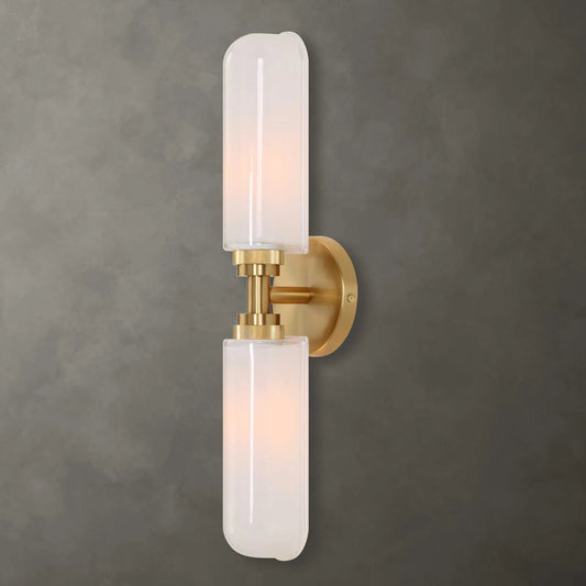 Wellsville 2 Light Sconce by Uttermost in brass, white. Made from iron, glass in a unique style.