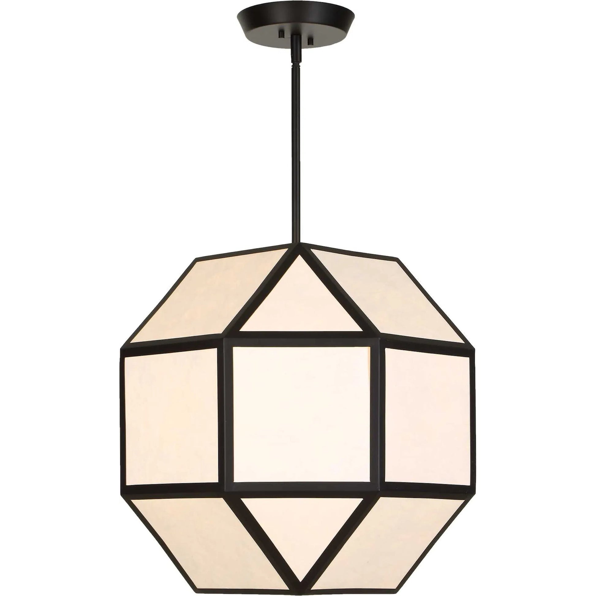 Hoi an 4 Light Geometric Chandelier by Uttermost in black and black. Made from iron, ivory tyvek shade in a unique style.