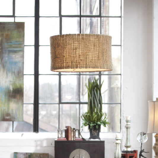 Burleson Drum Pendant by Uttermost. Made from iron 55% burlap 45% in a cottage & farmhouse style.
