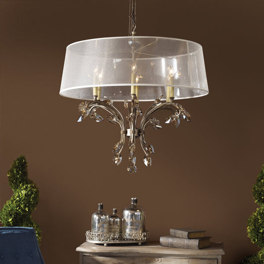 Alenya Chandelier by Uttermost in gold. Made from metal, crystal, fabric in a cottage & farmhouse style.