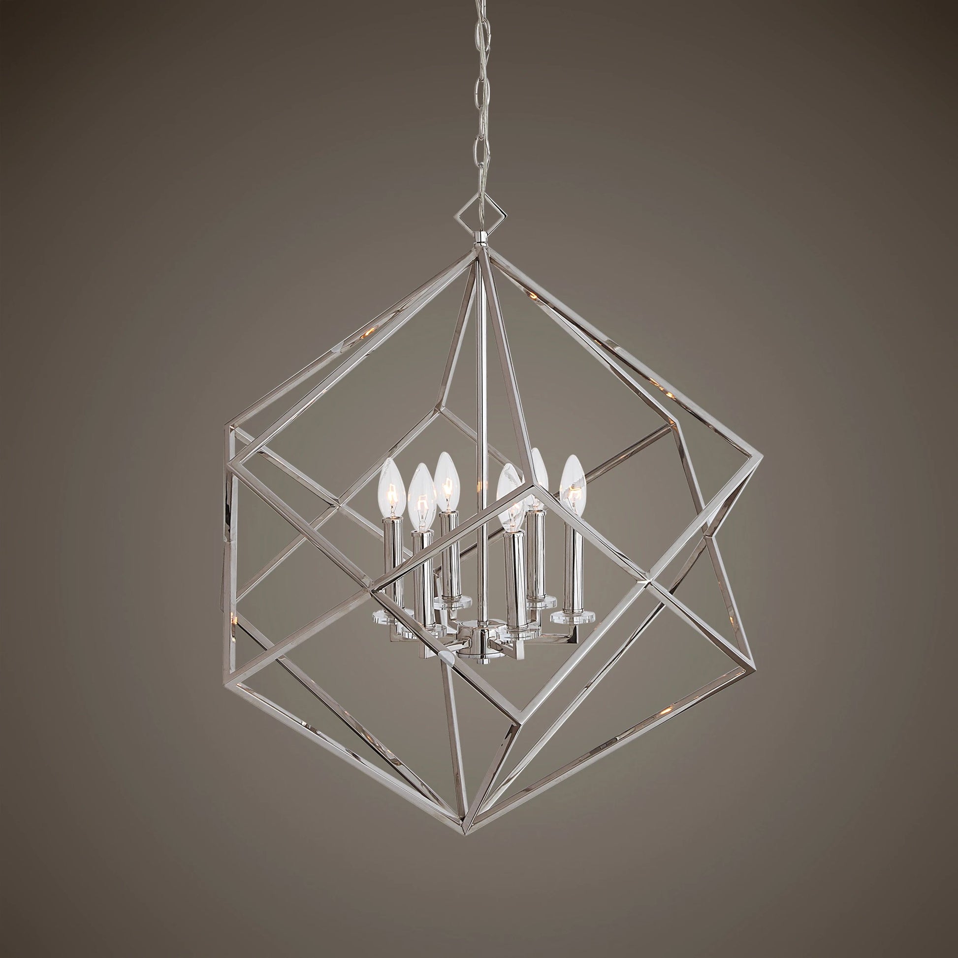 Euclid Cube Pendant by Uttermost in nickel. Made from steel, crystal in a modern style.