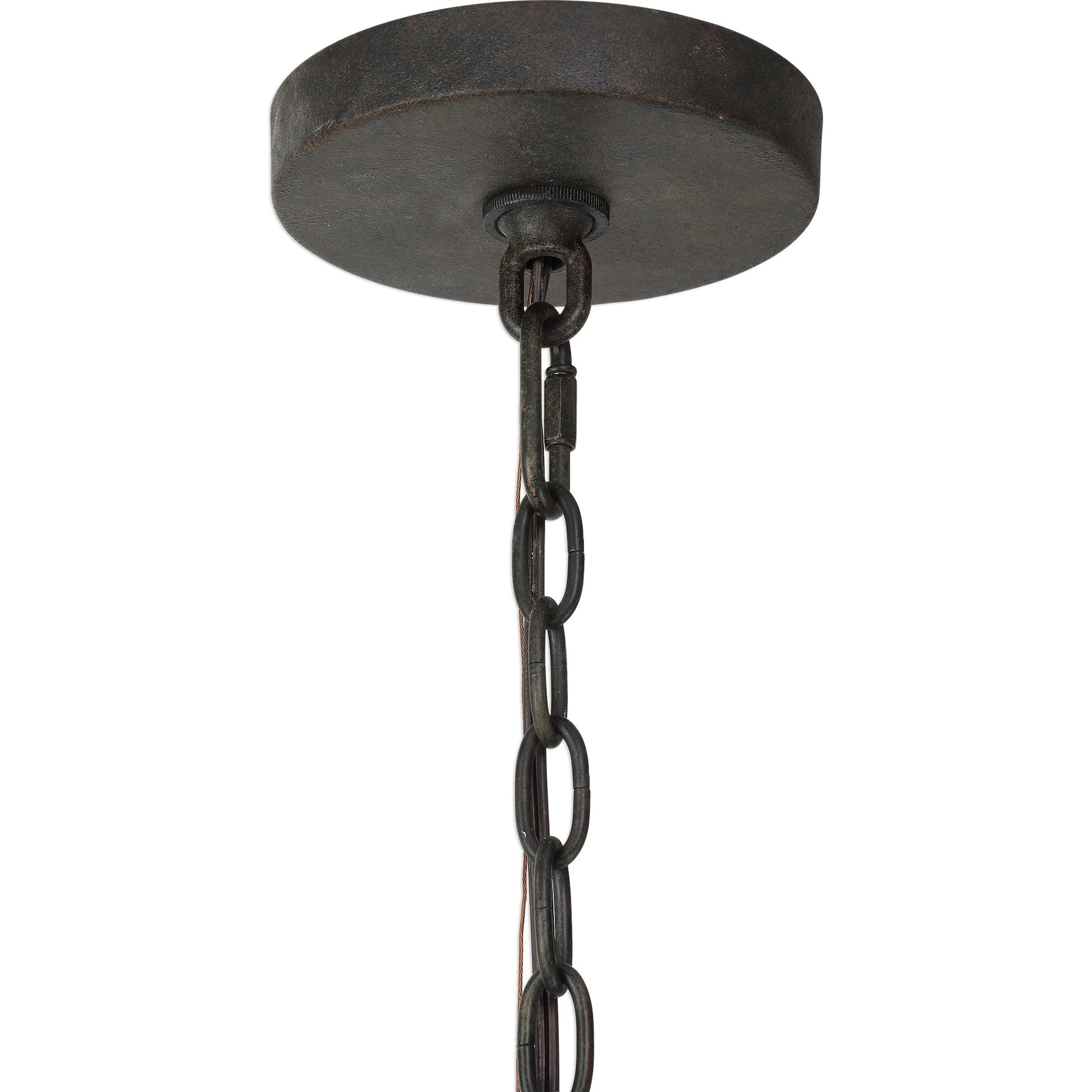 Atwood Wagon Wheel Pendant by Uttermost. Made from steel, rubber wood, glass in a rustic style.