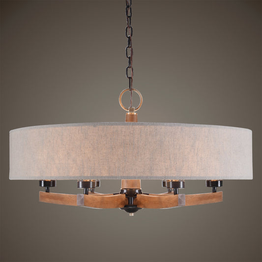 Woodall Drum Chandelier by Uttermost. Made from steel, rubber wood, linen in a rustic style.