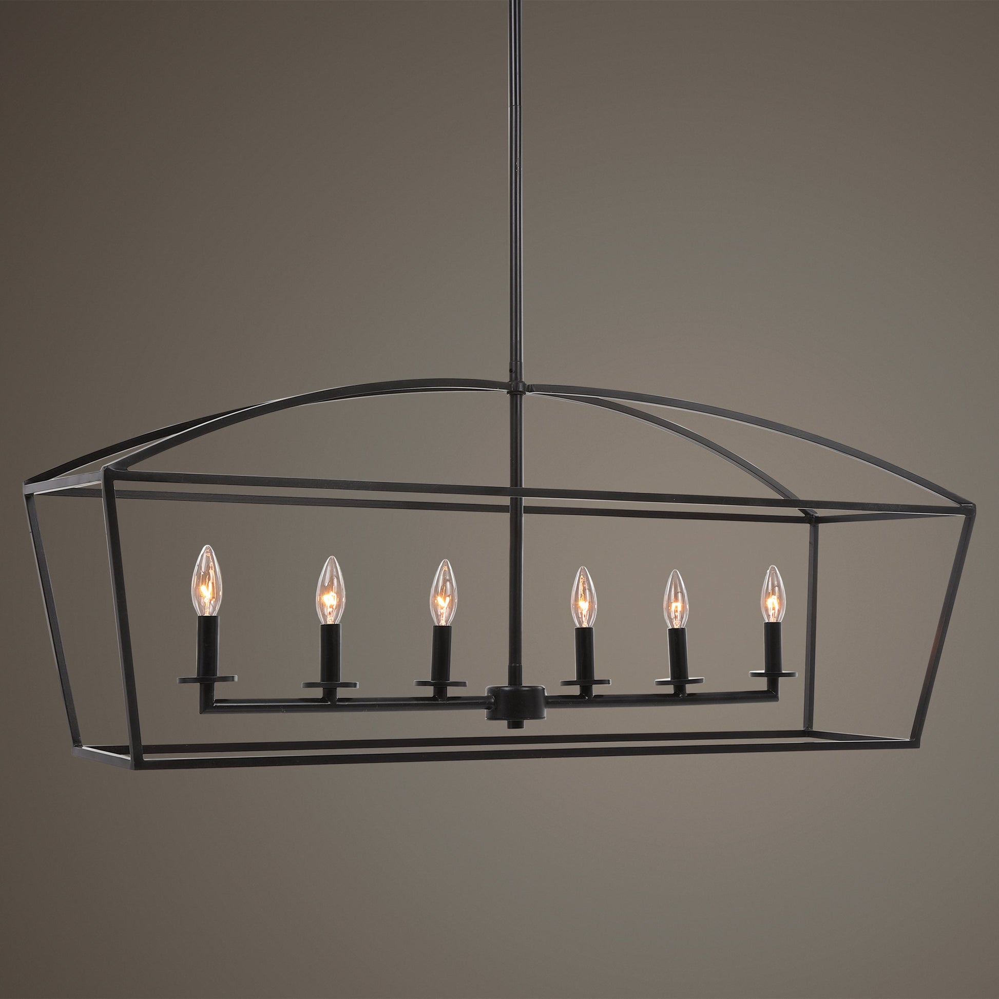 Clayton Linear Chandelier by Uttermost in weathered bronze. Made from steel in a modern style.